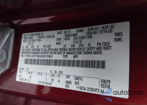 2016 Ford Escape S из США, поврежденный, VIN 1FMCU0F78GUB11061